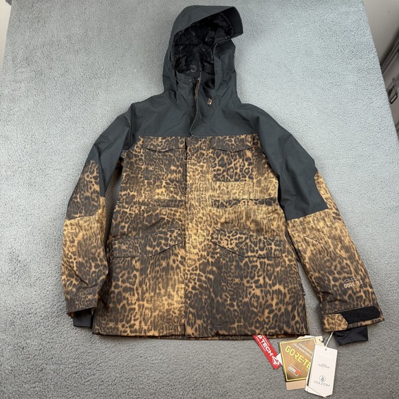 Volcom Leda Gore-Tex Jacket Womens Small Waterproof Ski Snow Hooded Leopard Prin - Picture 1 of 10